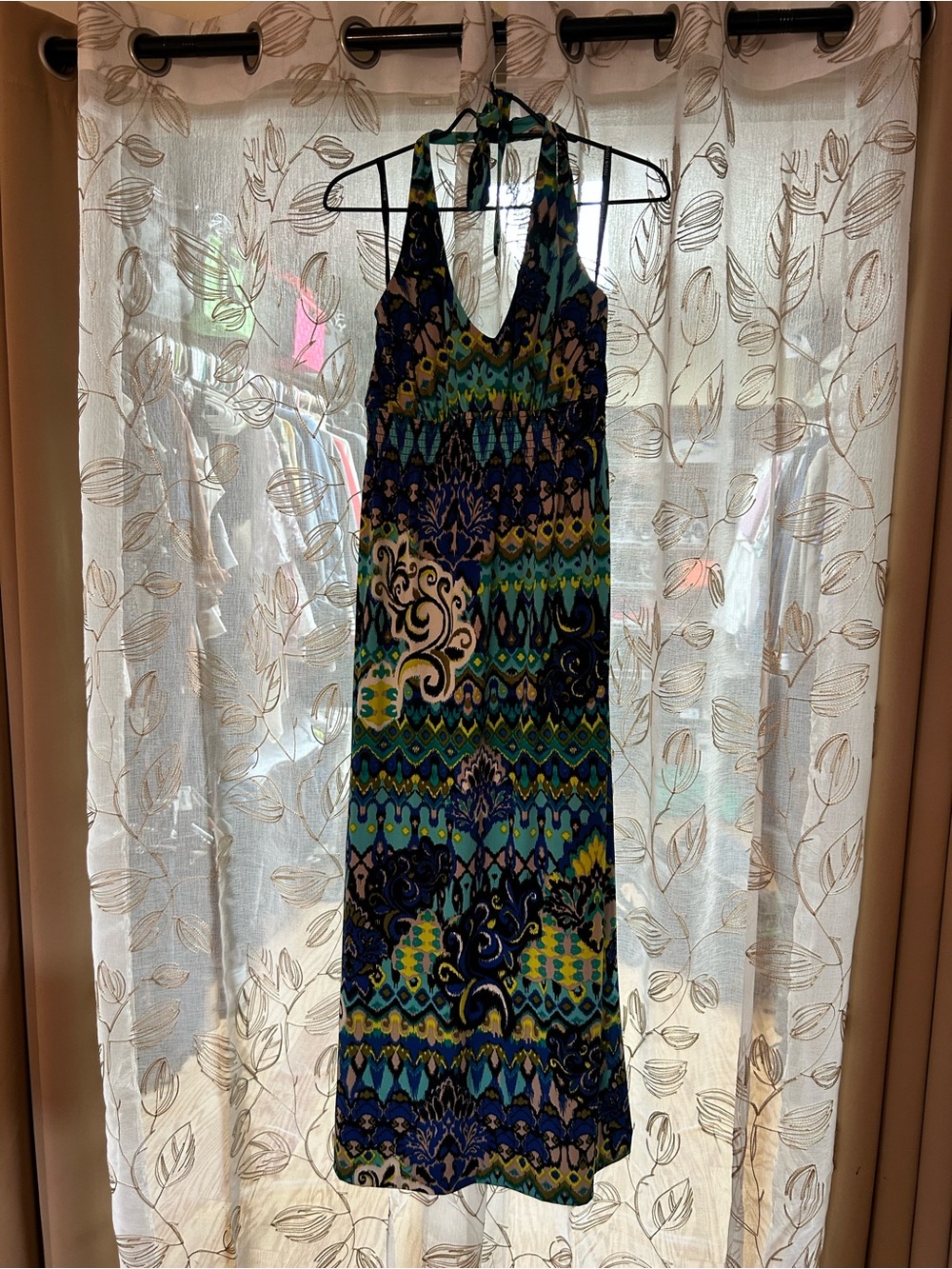 Bisou Bisou Blue, Teal & Green Patterned Halter Maxi Dress